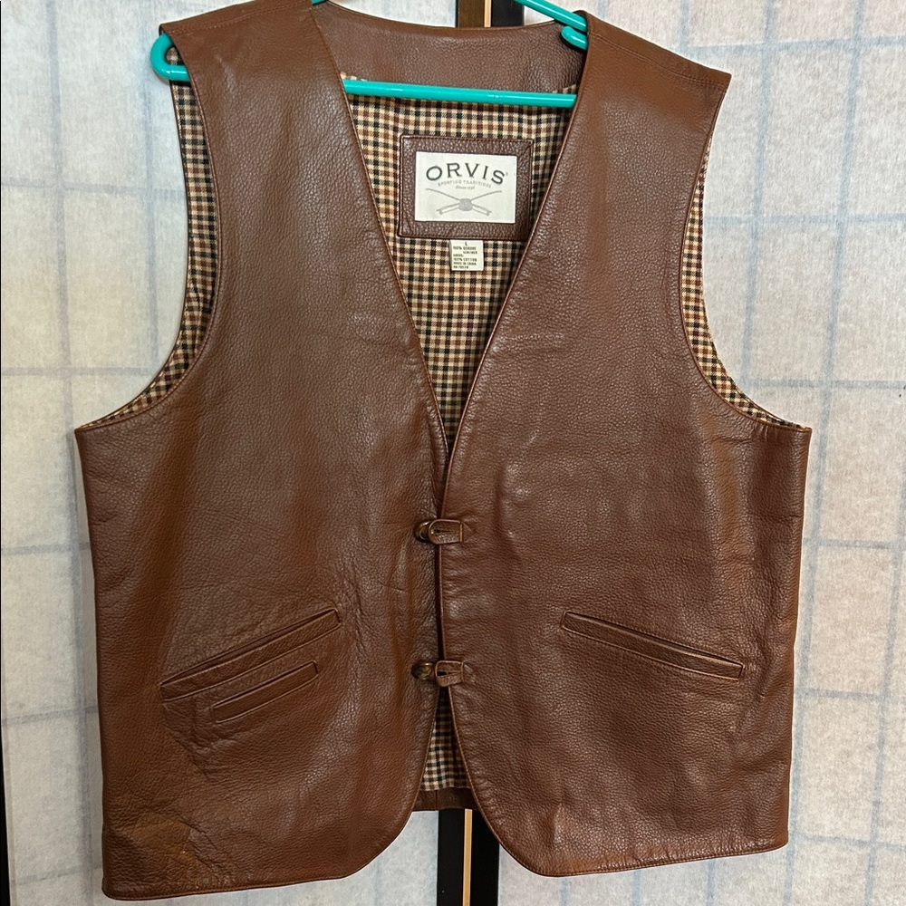 Vintage Orvis Brown Leather Vest with Check Lining